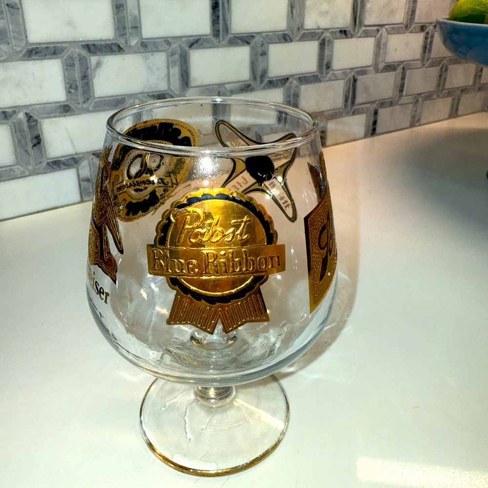 Pabst Blue Ribbon/Budweiser/Glass Goblet 
Mid Century Beer Sniffer 22kt Gold